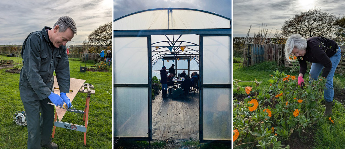 Volunteers Stuart and Lynda and the polytunnel funded by the Community Garden Grants programme