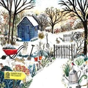 christmas card - winter garden with shed