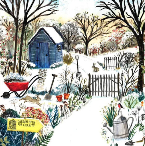christmas card - winter garden with shed